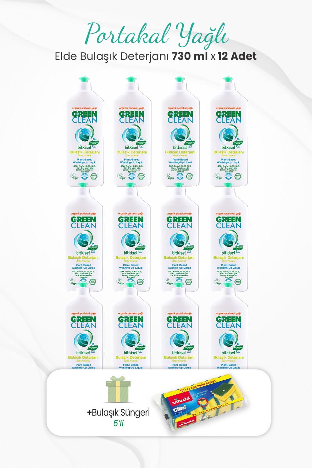 Green Clean 12'li Elde Bulaşık Deterjanı Portakal Yağlı 730 ml ve Bulaşık Süngeri