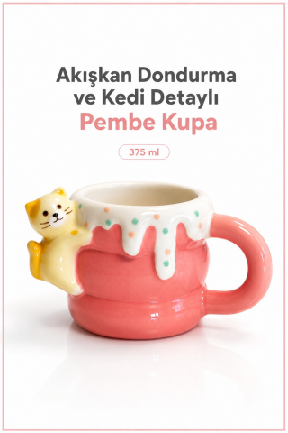 Akışkan Dondurma ve Kedi Detaylı Pembe Kupa 375 ml