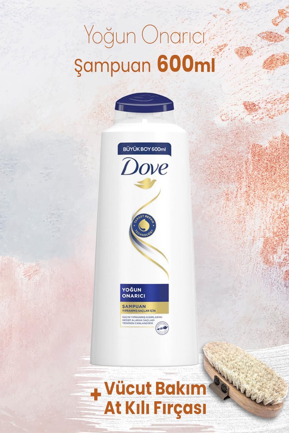 Dove Yoğun Onarıcı Şampuanı 600 ml ve Vücut Bakım At Kılı Fırçası