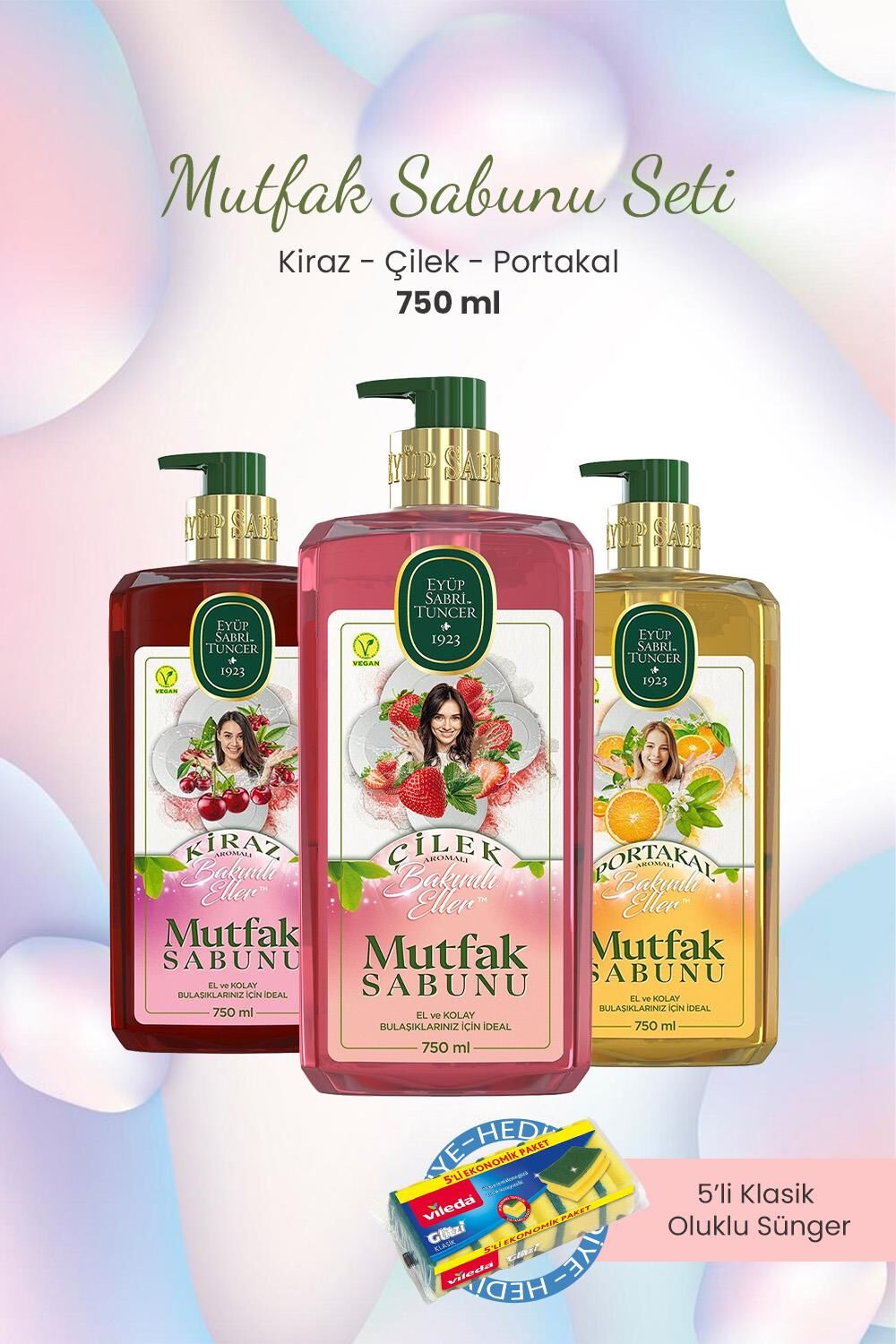 Eyüp Sabri Tuncer Mutfak Sabunu Çilekli,Kirazlı,Portakallı 750 ml ve Bulaşık Süngeri