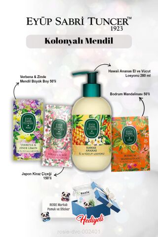 Kiraz Çiçeği 150'li, Verbena 50'li, Mandalina 50'li Mendil Seti Ananas Losyon 280 ml ve Rosie