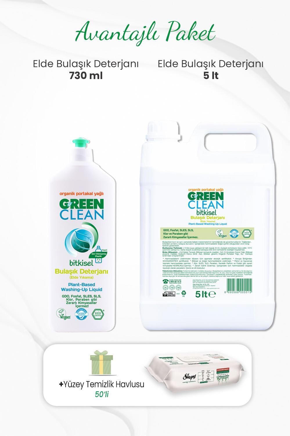 Green Clean Bulaşık Deterjanı 730 ml, 5 lt ve Yüzey Temizlik Havlusu 50li