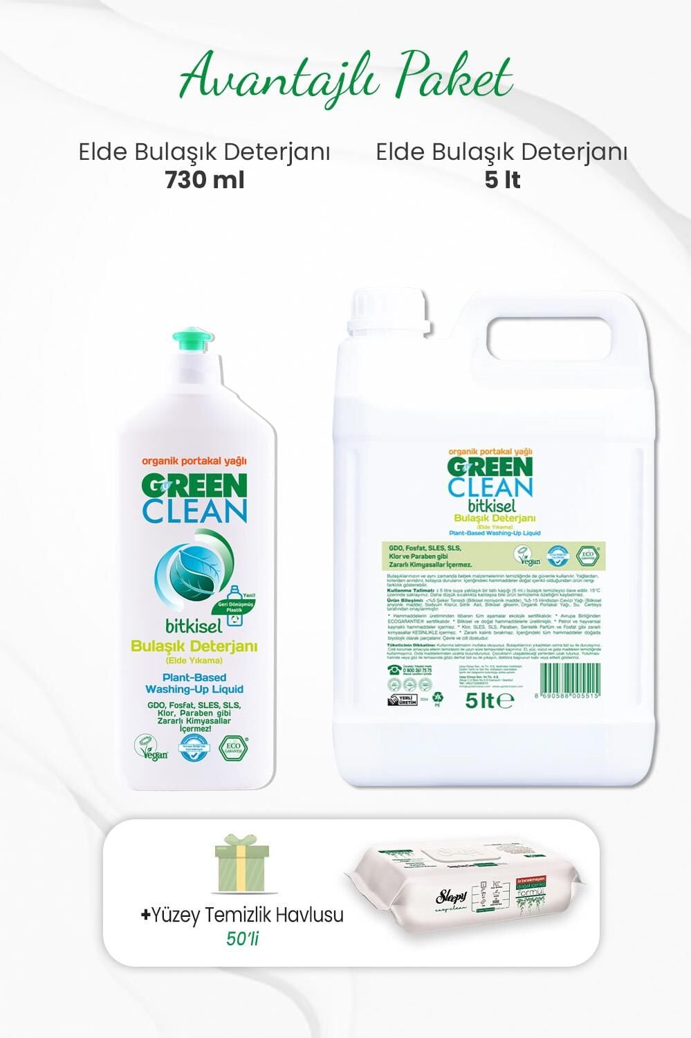 Green Clean Bulaşık Deterjanı 730 ml, 5 lt ve Yüzey Temizlik Havlusu 50li