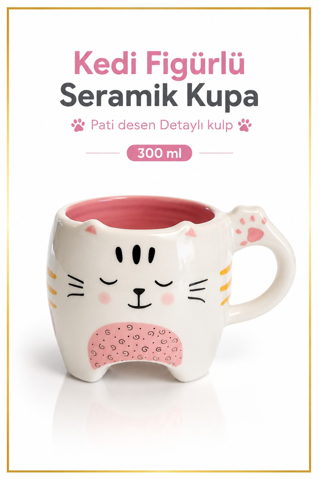Pati izi detaylı kulp, ayaklı sevimli kedi yüzü desenli kupa 300 ml