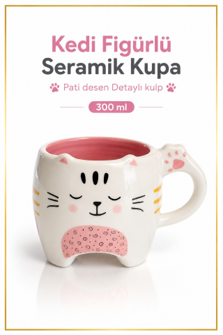 Pati izi detaylı kulp, ayaklı sevimli kedi yüzü desenli kupa 300 ml
