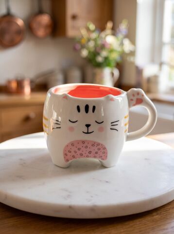 Pati izi detaylı kulp, ayaklı sevimli kedi yüzü desenli kupa 300 ml