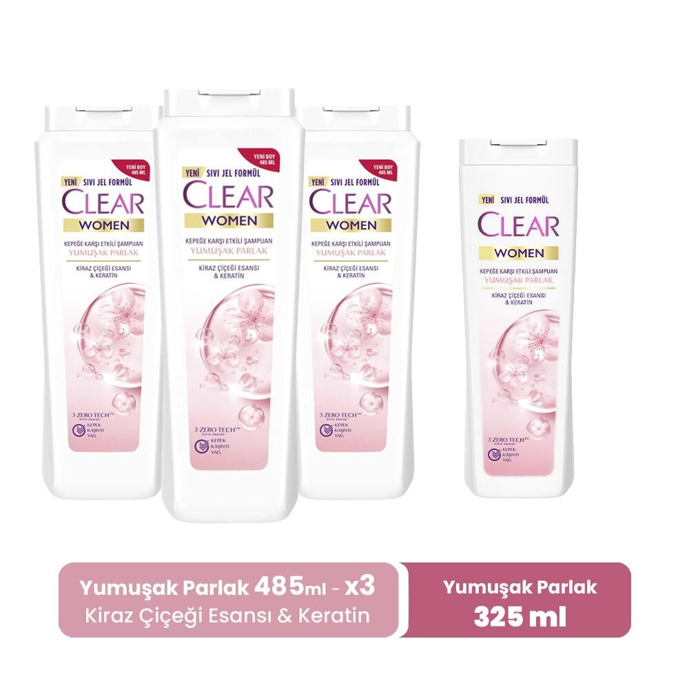Clear Women Yumuşak Parlak Şampuan 485 ml x 3 ve Yumuşak Parlak 325 ml
