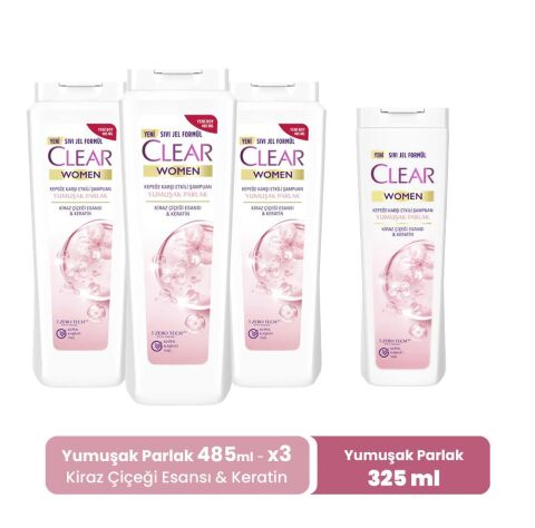 Clear Women Yumuşak Parlak Şampuan 485 ml x 3 ve Yumuşak Parlak 325 ml