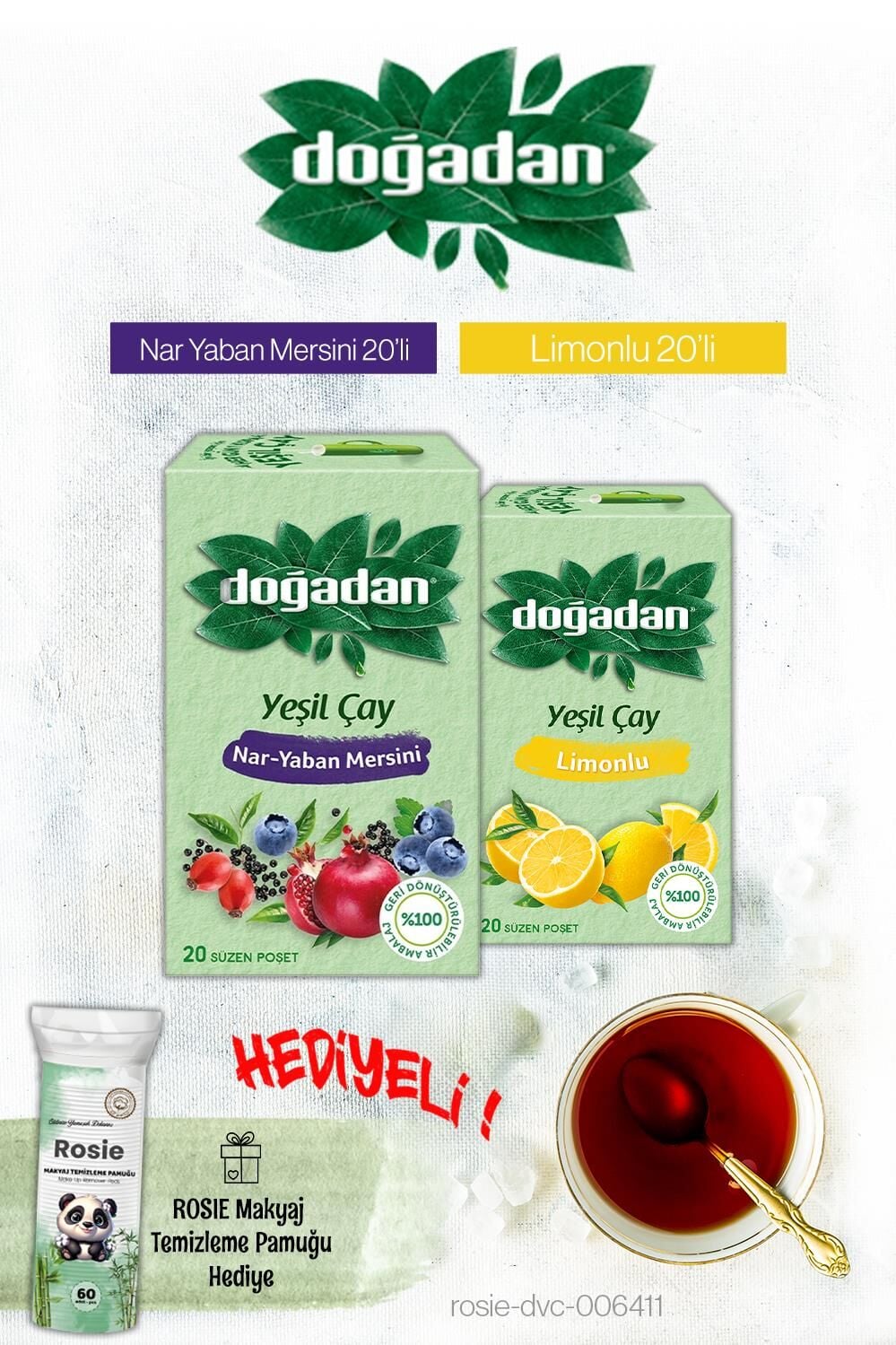 Doğadan Yeşil Çay Limon ve Nar Yaban Mersini Poşet Çay ve Rosie Hediyeli