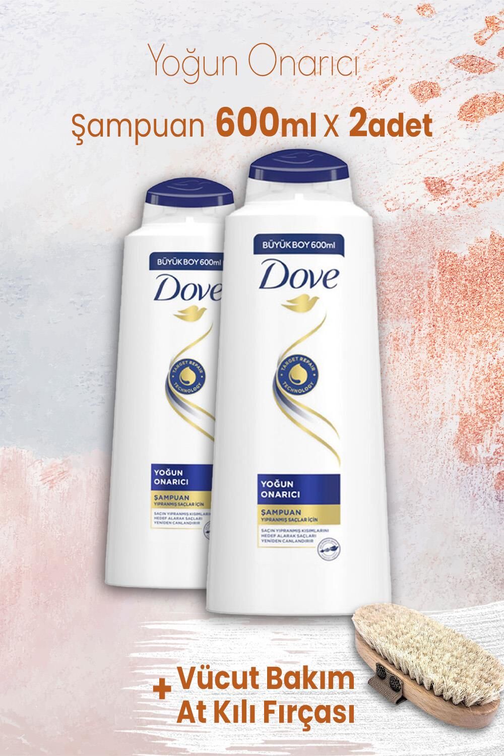 Dove Yoğun Onarıcı Şampuanı 600 ml x 2 Adet ve Vücut Bakım At Kılı Fırçası