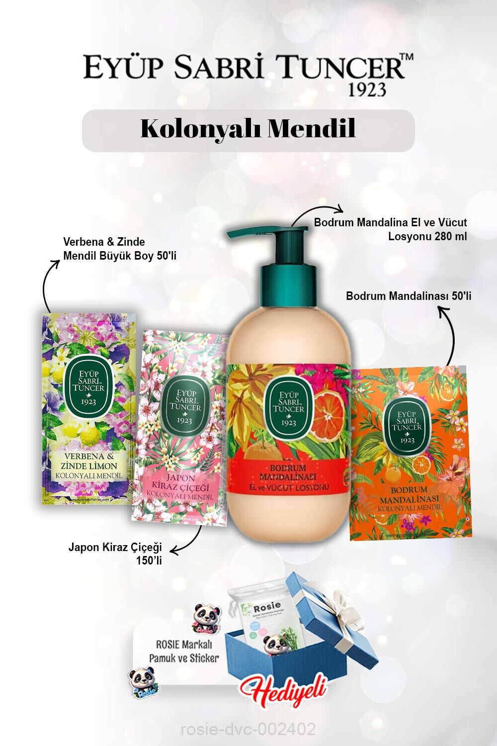 Mandalina 50'li, Kiraz Çiçeği 150'li, Verbena 50'li, Bodrum Mandalina Losyon 280 ml ve Rosie