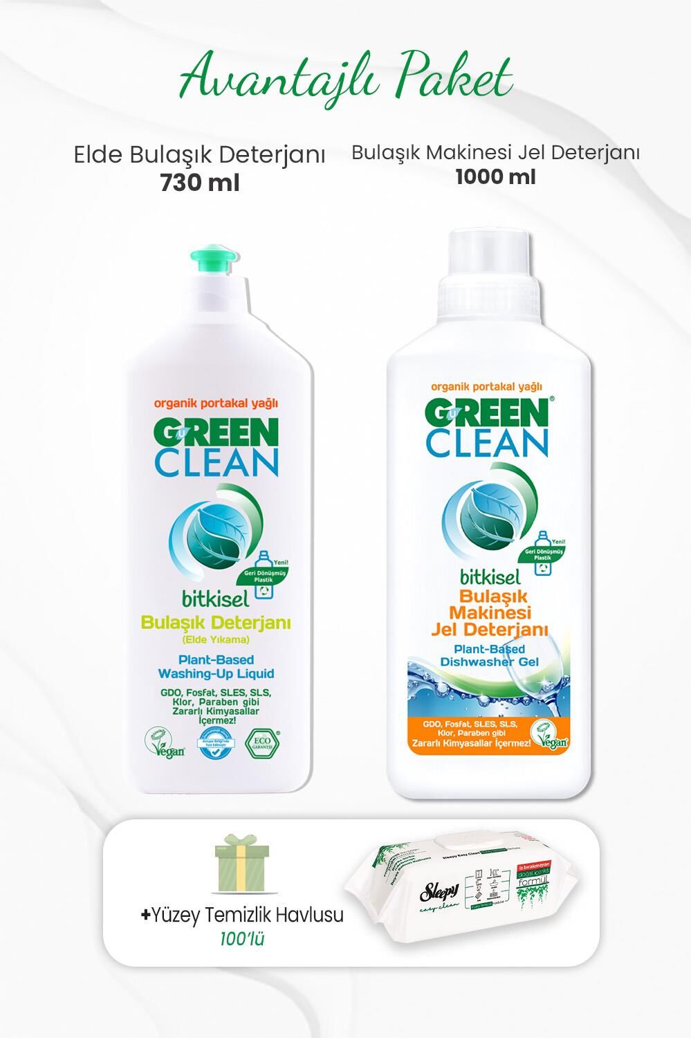 Green Clean Elde Bulaşık Deterjanı 730 ml,Bulaşık Makinesi Jel Deterjanı 1000 ml ve 100'lü Temizlik Havlusu