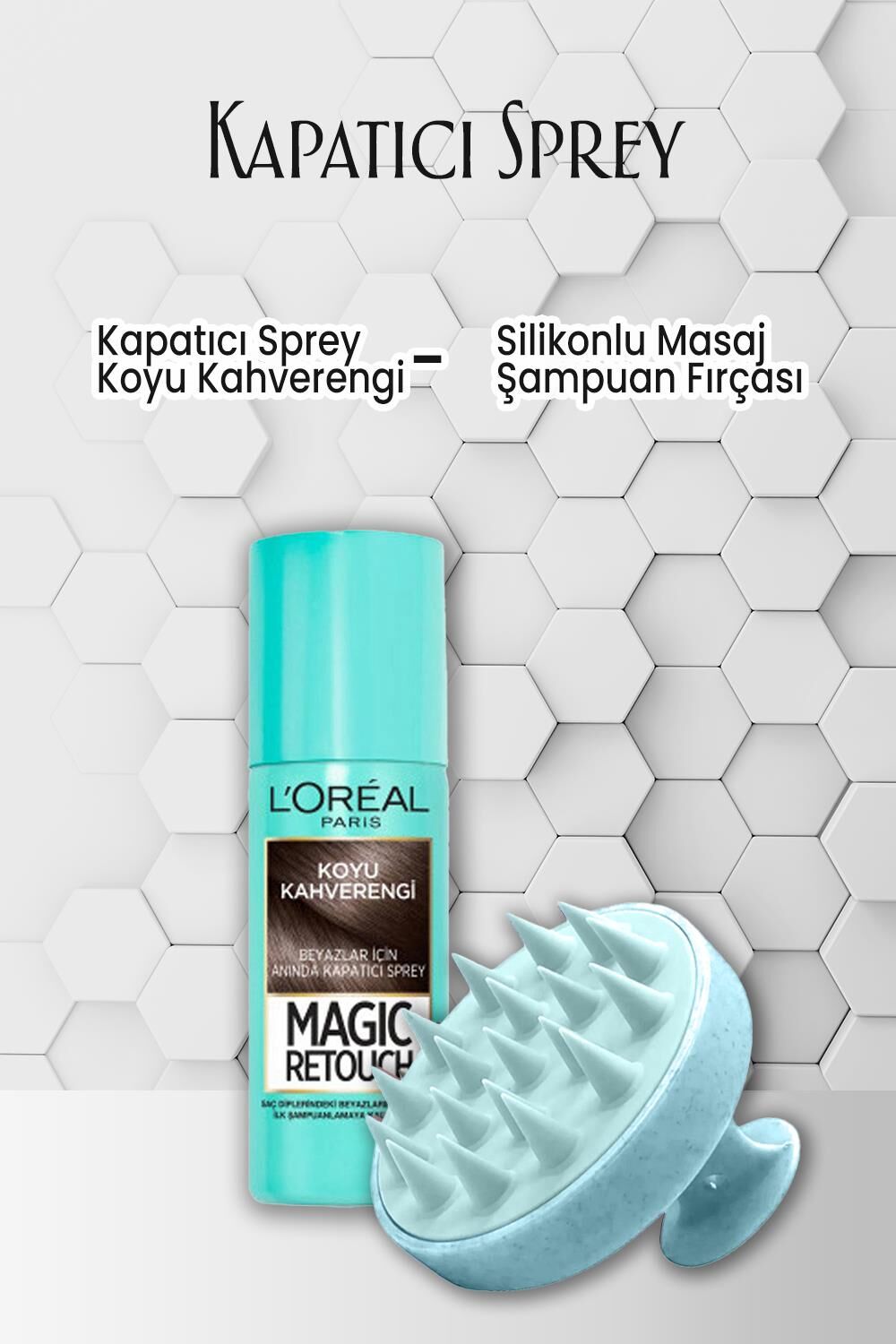 Loreal Paris Kapatıcı Sprey Koyu Kahverengi 75 ml ve Şampuan Fırçası Mavi
