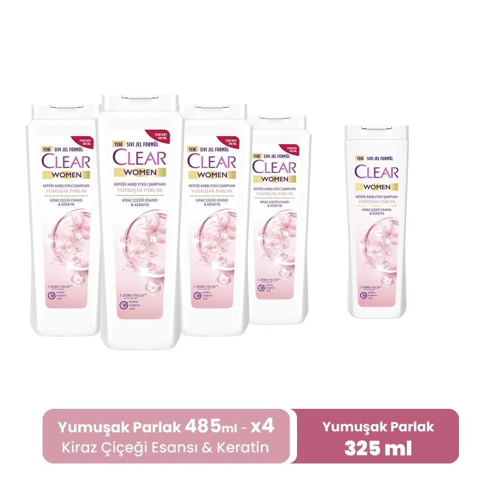 Clear Women Yumuşak Parlak Şampuan 485 ml x 4 ve Yumuşak Parlak 325 ml
