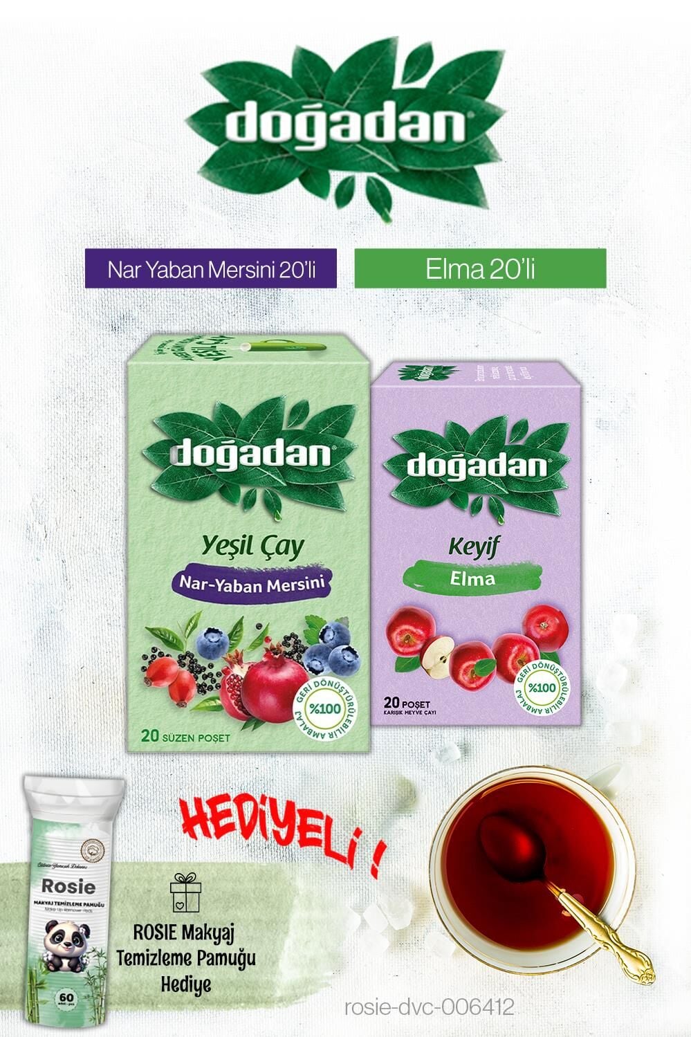 Doğadan Yeşil Çay Nar Yaban Mersini ve Elma Çayı Poşet Çay ve Rosie Hediyeli