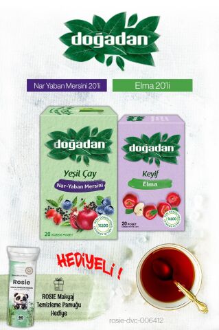 Doğadan Yeşil Çay Nar Yaban Mersini ve Elma Çayı Poşet Çay ve Rosie Hediyeli