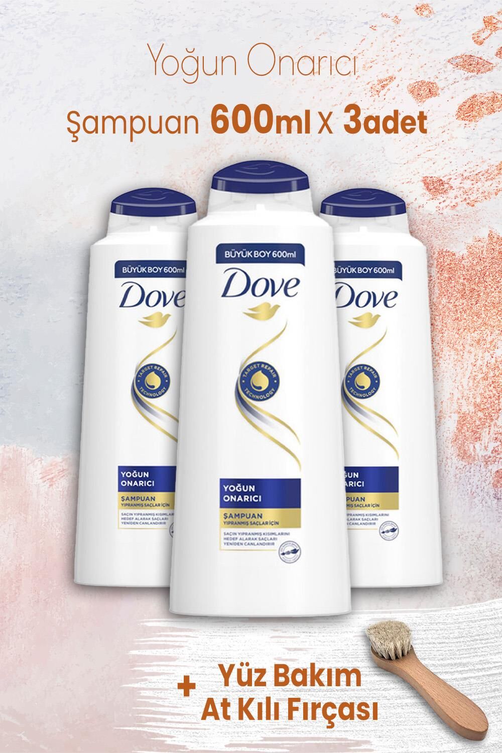 Dove Yoğun Onarıcı Şampuanı 600 ml x 3 Adet ve Yüz Bakım At Kılı Fırçası