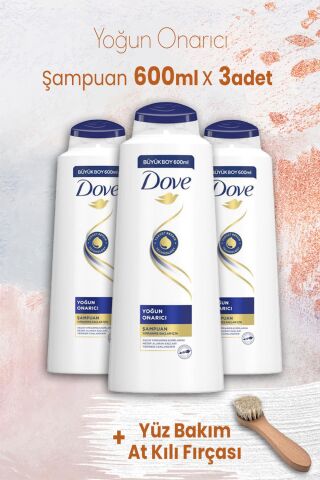 Dove Yoğun Onarıcı Şampuanı 600 ml x 3 Adet ve Yüz Bakım At Kılı Fırçası