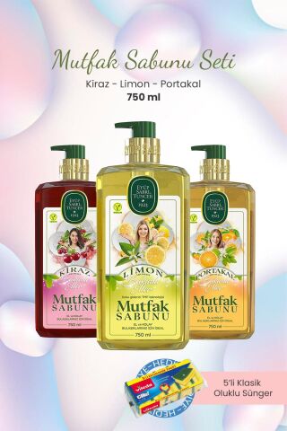 Eyüp Sabri Tuncer Mutfak Sabunu Portakal,Kiraz,Limon 750 ml ve Bulaşık Süngeri