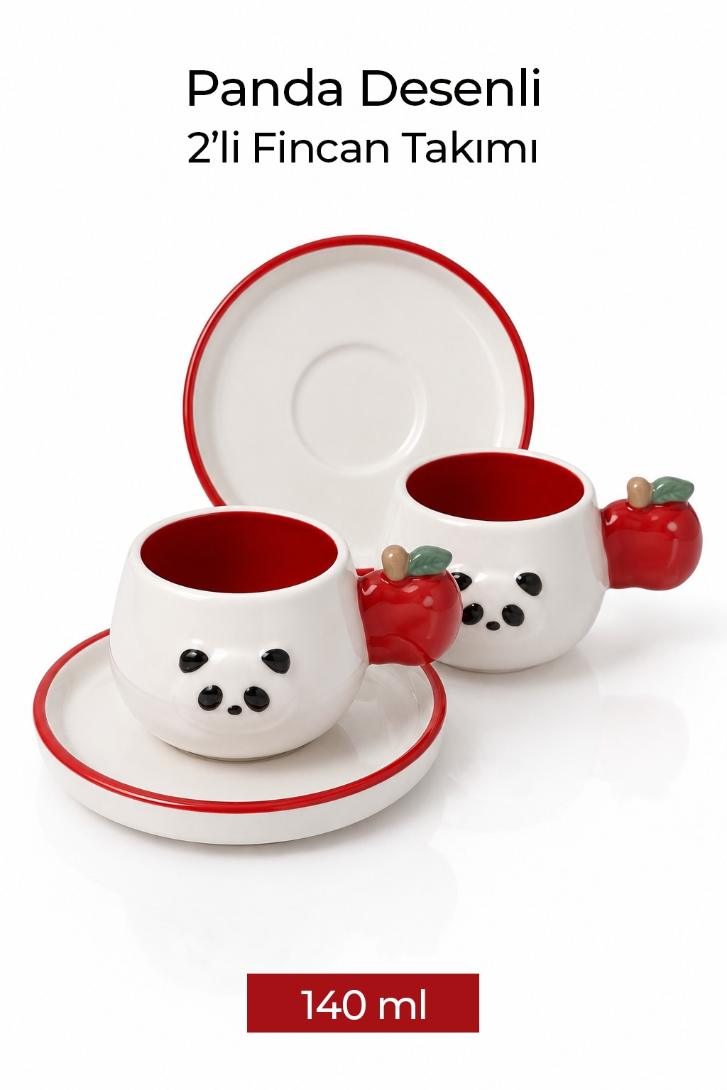 Panda Desenli Kiraz Kulplu 2'li Kahve Fincanı 140 ml