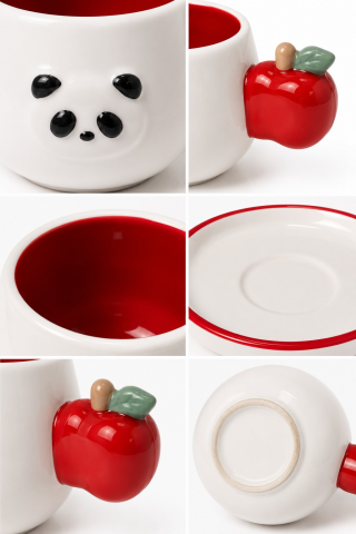 Panda Desenli Kiraz Kulplu 2'li Kahve Fincanı 140 ml