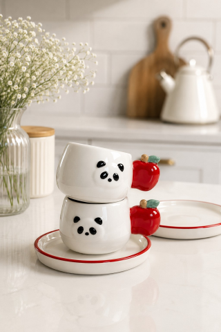 Panda Desenli Kiraz Kulplu 2'li Kahve Fincanı 140 ml