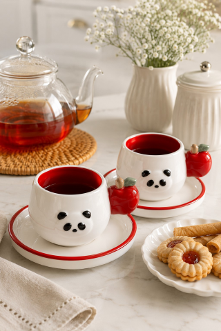 Panda Desenli Kiraz Kulplu 2'li Kahve Fincanı 140 ml