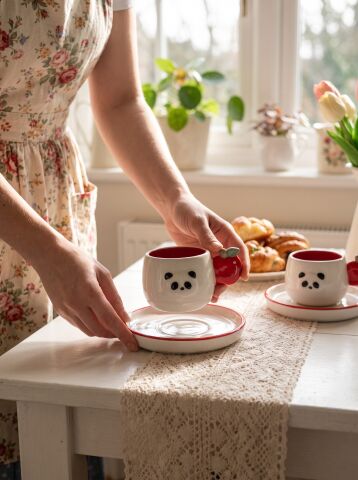 Panda Desenli Kiraz Kulplu 2'li Kahve Fincanı 140 ml