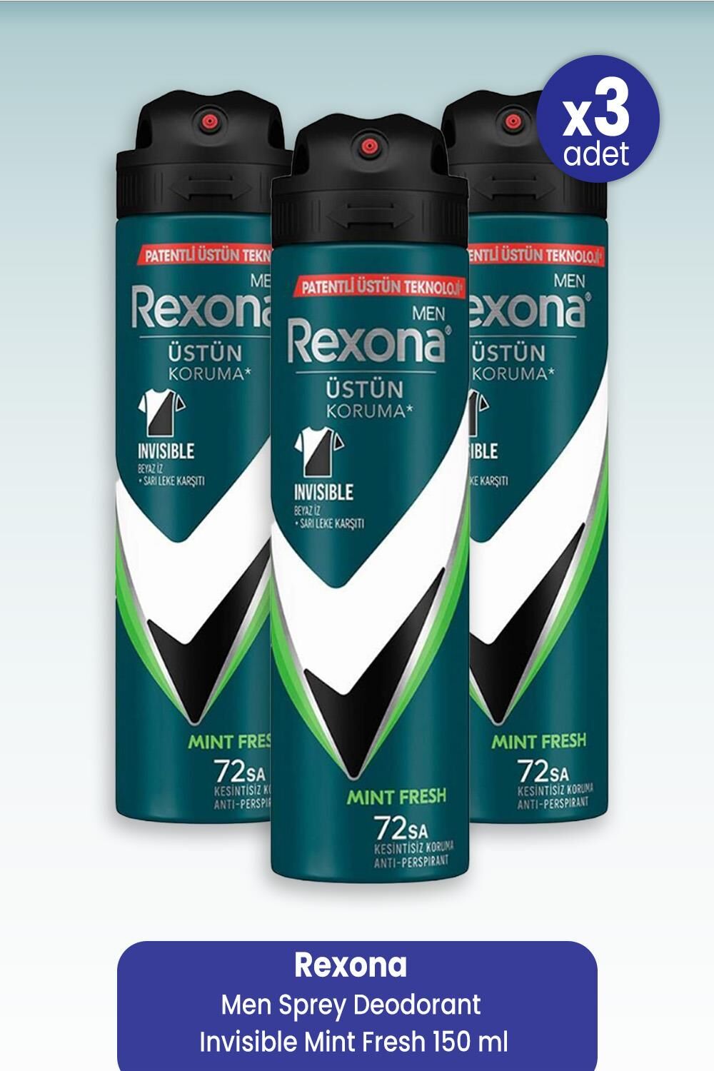 Rexona Men Sprey Deodorant Invisible Mint Fresh 150 ml x 3 Adet