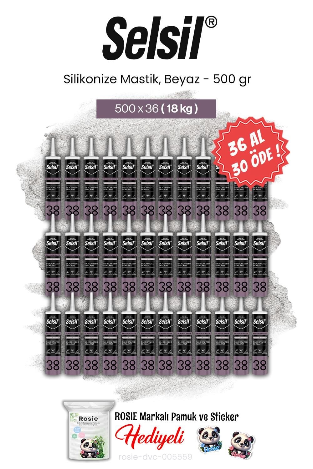 Selsil 500 gr, 36 AL 30 ÖDE Silikonize Mastik, Beyaz ve rosie pamuk