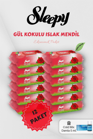 Gül Kokulu 50' li Islak Mendil 12 Paket Mavi Cold Mix Hediyeli