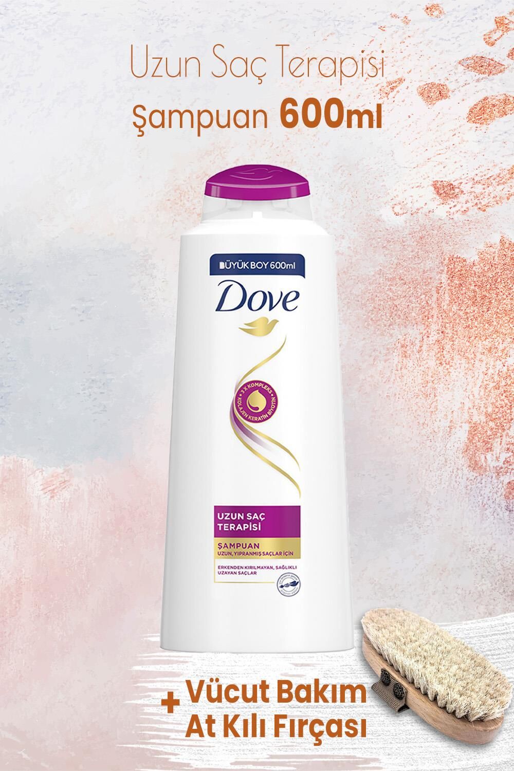 Dove Şampuan Uzun Saç Terapisi 600 ml ve Vücut Bakım At Kılı Fırçası