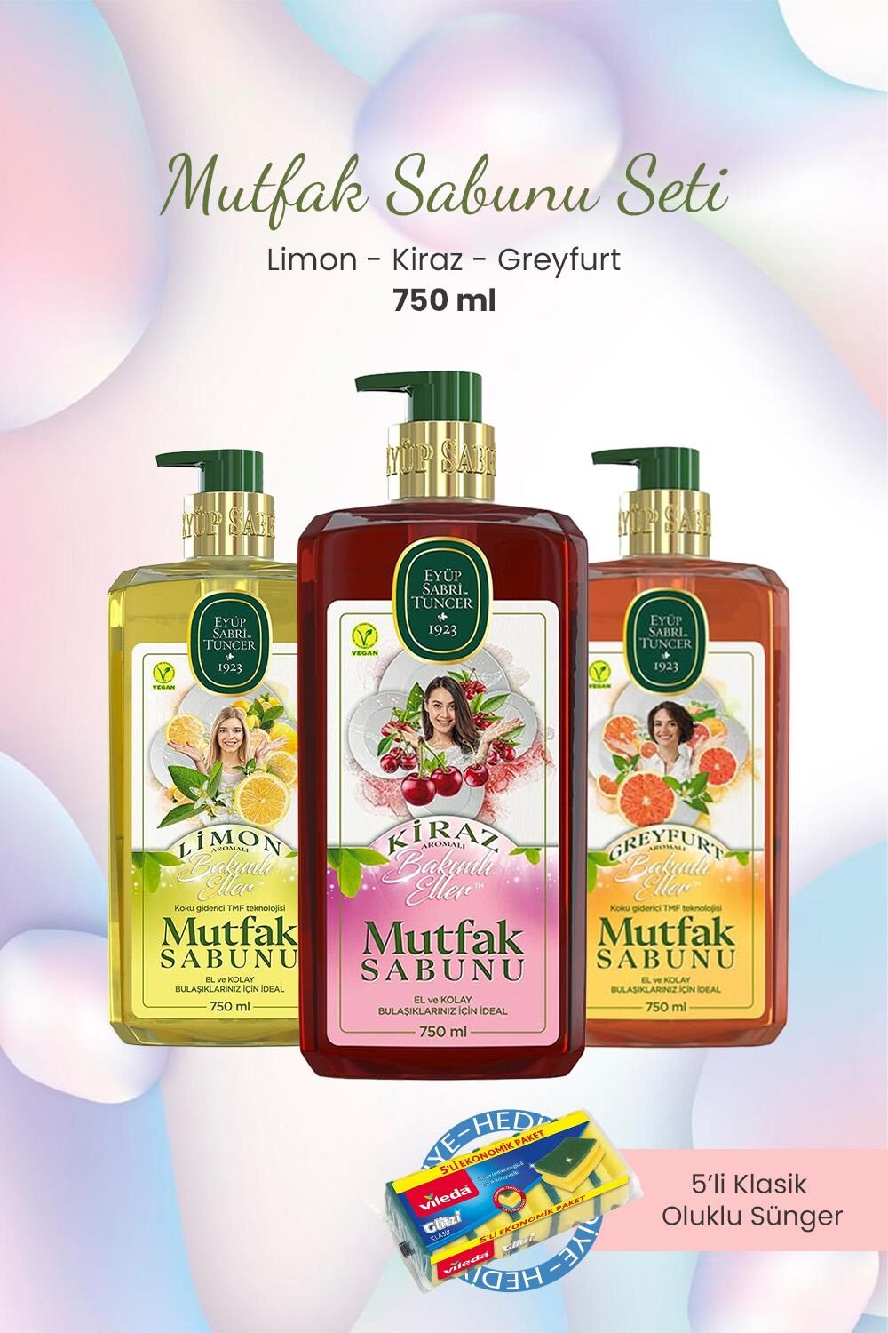 Eyüp Sabri Tuncer Limon,Greyfurt,Kiraz Mutfak Sabunu 750 ml ve Oluklu Sünger