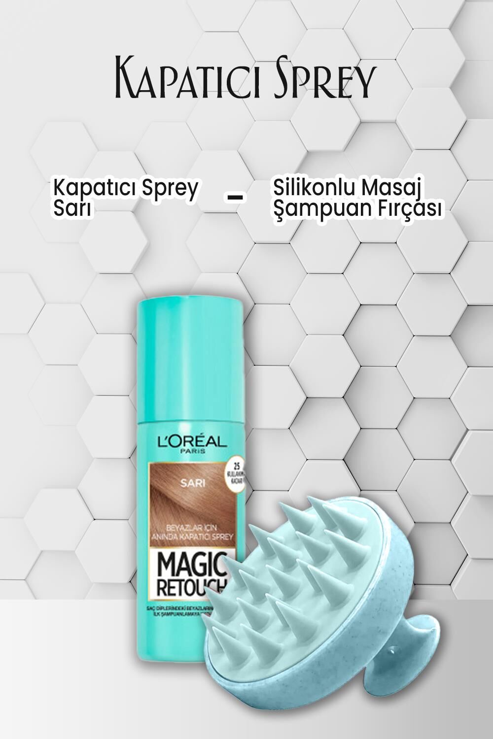 Loreal Paris Kapatıcı Sprey Sarı 75 ml ve Şampuan Fırçası Mavi