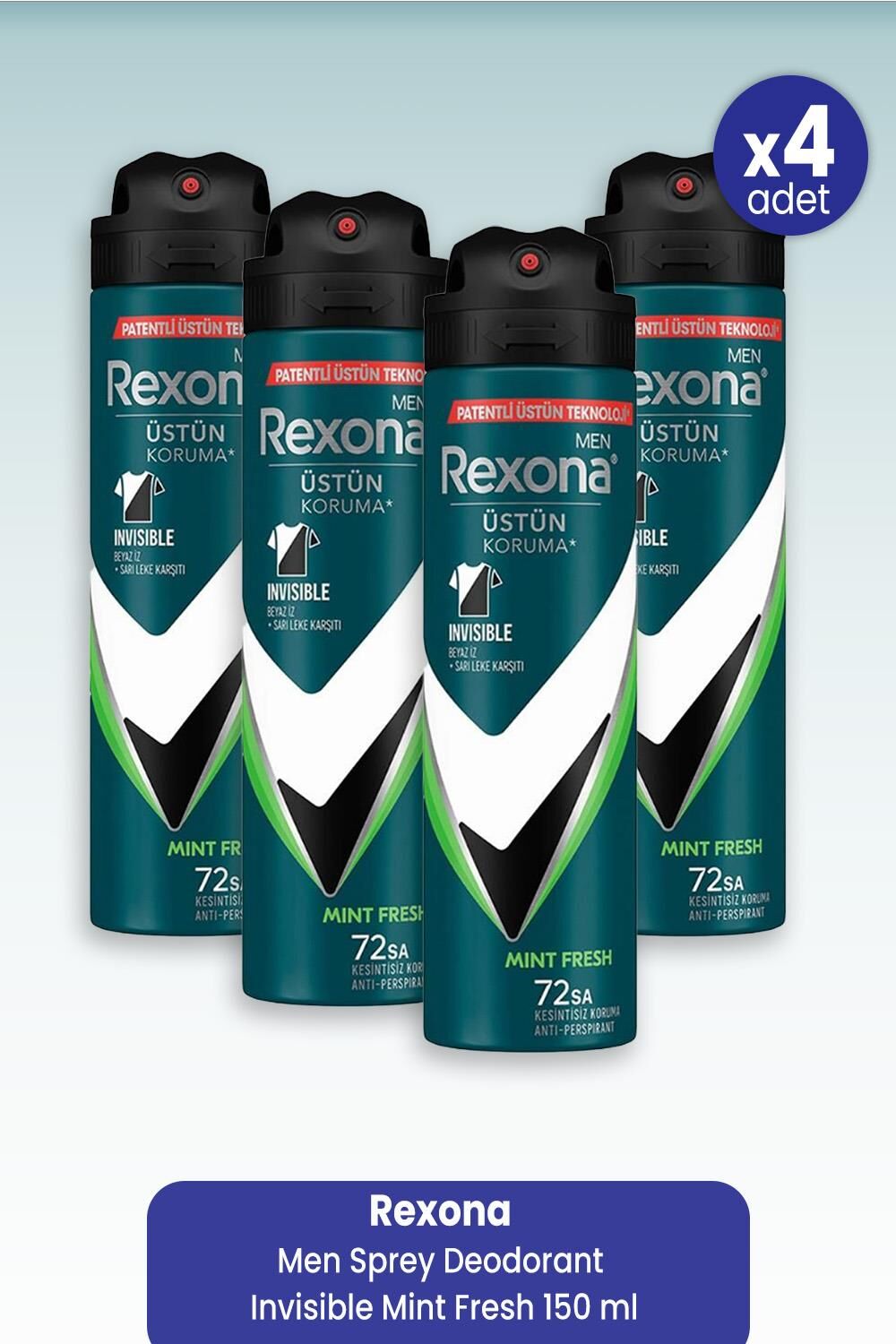 Rexona Men Sprey Deodorant Invisible Mint Fresh 150 ml x 4 Adet