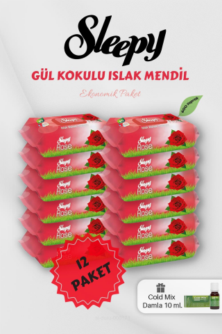 Gül Kokulu 50' li Islak Mendil 12 Paket Yeşil Cold Mix Hediyeli