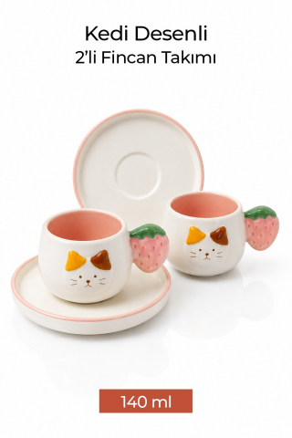 Kedi Desenli Çilek Kulplu 2'li Kahve Fincanı 140 ml