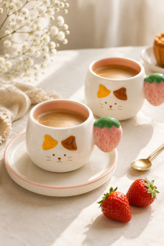 Kedi Desenli Çilek Kulplu 2'li Kahve Fincanı 140 ml