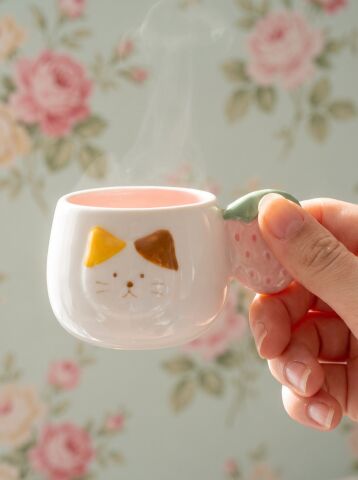 Kedi Desenli Çilek Kulplu 2'li Kahve Fincanı 140 ml