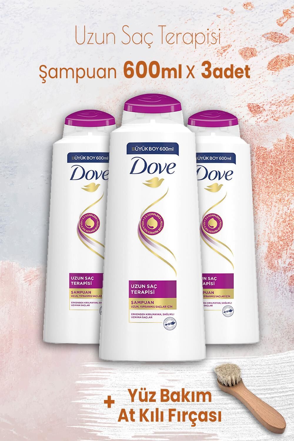 Dove Şampuan Uzun Saç Terapisi 600 ml x 3 Adet ve Yüz Bakım At Kılı Fırçası