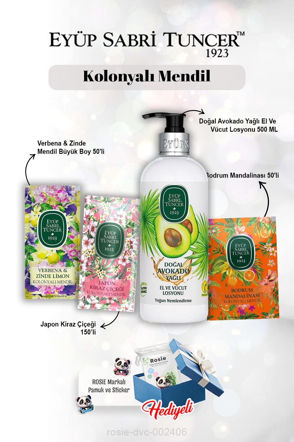 Verbena 50'li, Kiraz Çiçeği 150'li, Mandalina 50'li, Avokadolu Losyon 280 ml ve Rosie