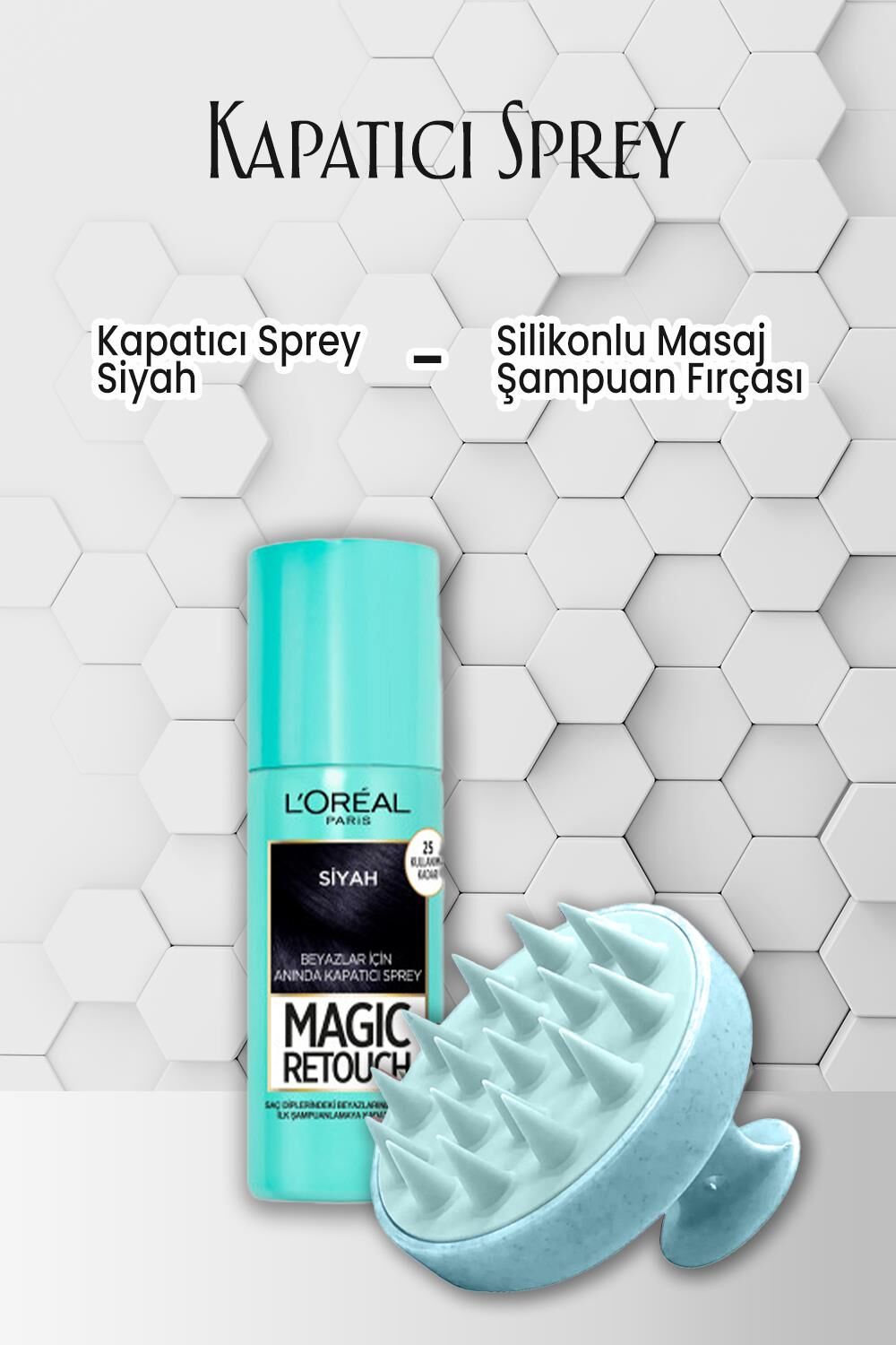Loreal Paris Kapatıcı Sprey Siyah 75 ml ve Şampuan Fırçası Mavi