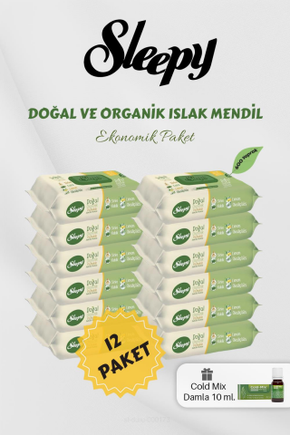 Organik 50' li Islak Mendil 12 Paket Yeşil Cold Mix Hediyeli