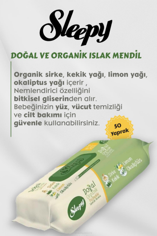 Organik 50' li Islak Mendil 12 Paket Yeşil Cold Mix Hediyeli