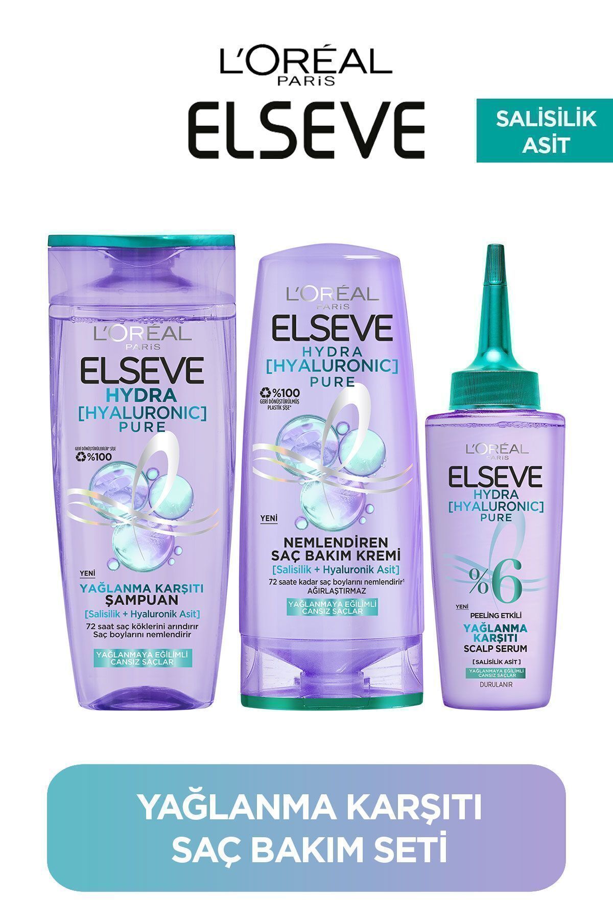 Elseve Hydra Pure Salisilik Asit içeren Yağlanma Karşıtı Nemlendirici 3'lü Bakım Seti
