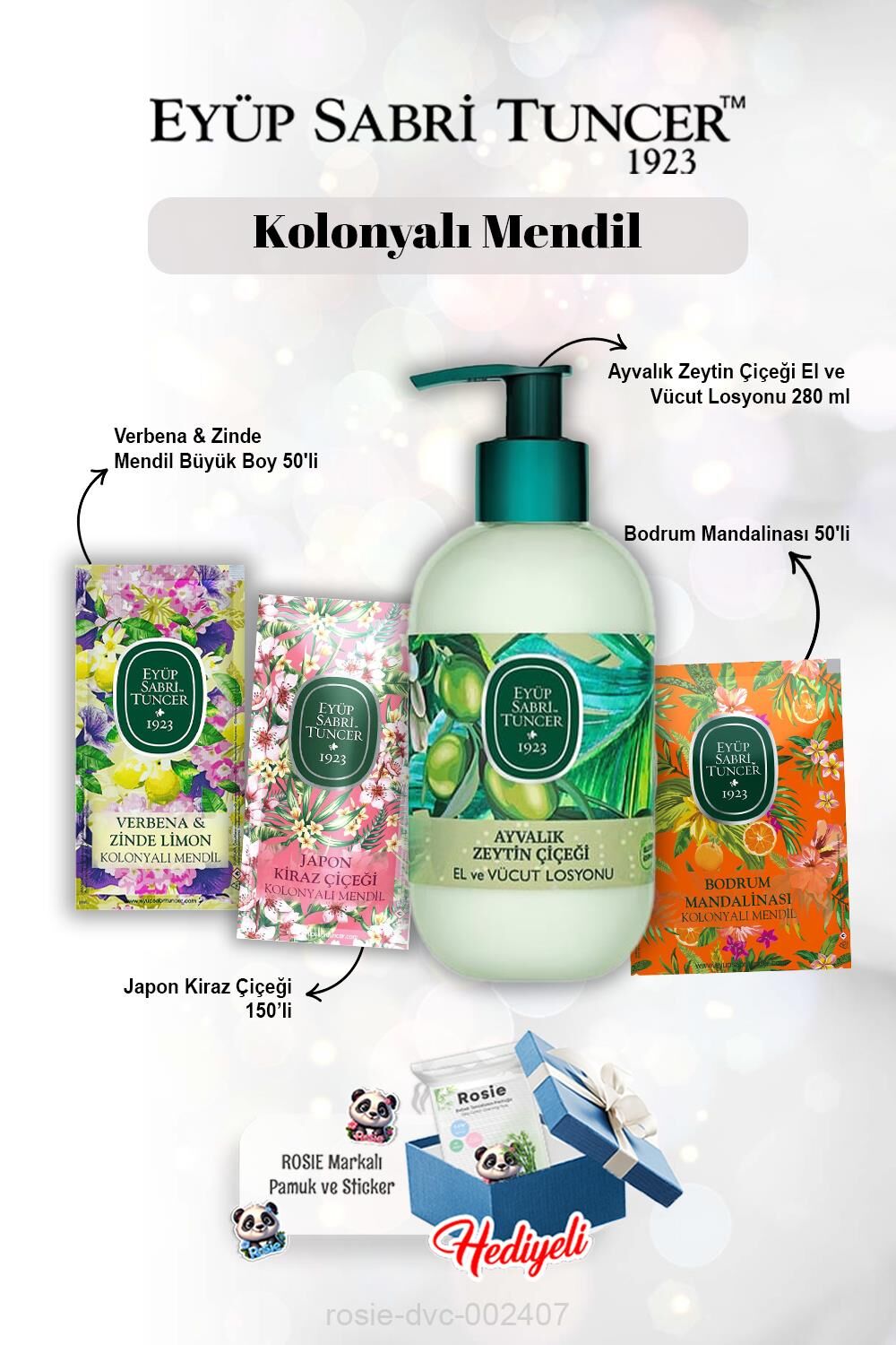 Ayvalık Zeytin Çiçeği Losyon 280ml, 150'li Kiraz Çiçeği, Verbena 50'li, Mandalina 50'li ve Rosie