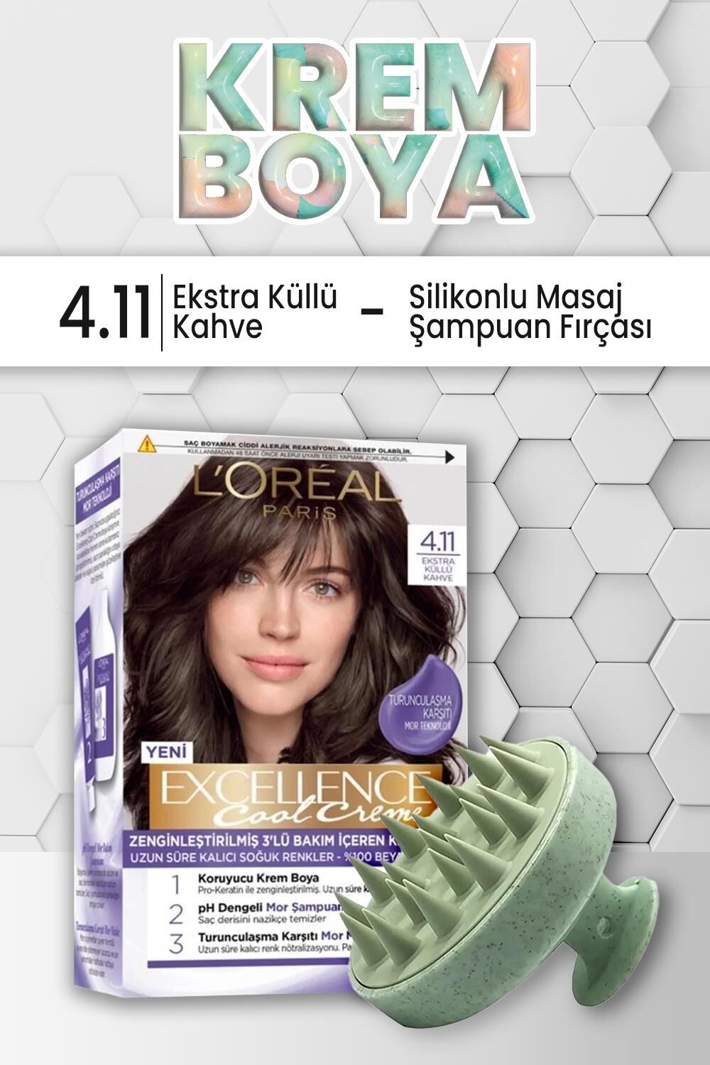 Loreal Paris Excellence Boya 4.11 Ekstra Küllü Kahve ve Şampuan Fırçası Yeşil