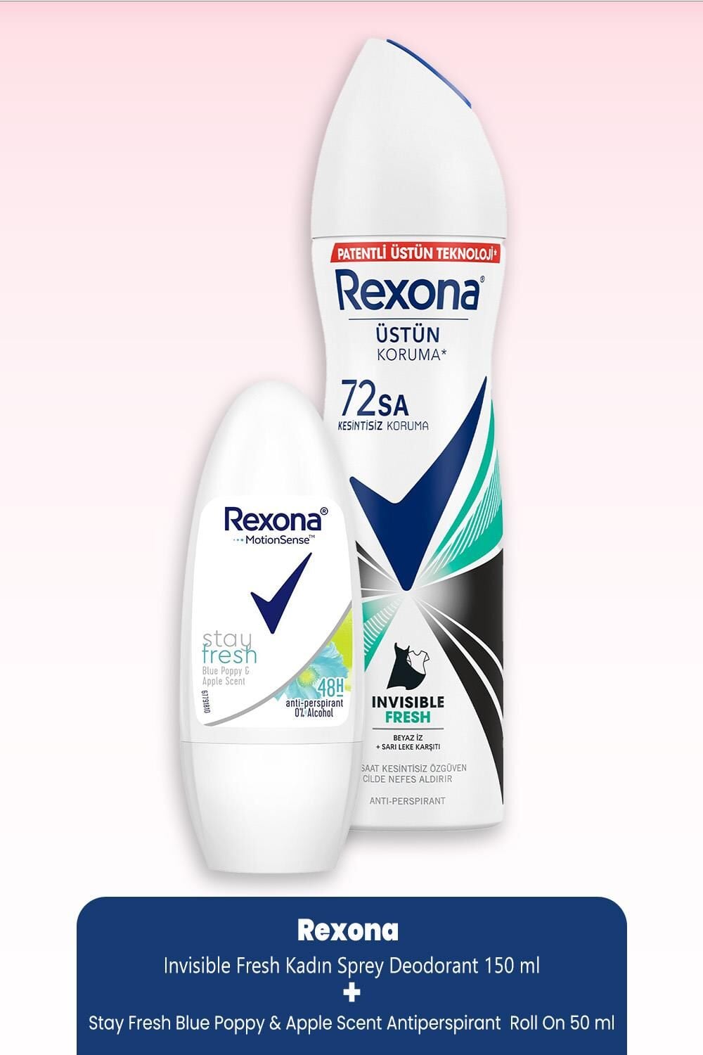 Rexona Invisible Fresh Kadın Sprey Deodorant 150 ml & Stay Fresh Blue Poppy & Apple  Roll On 50 ml