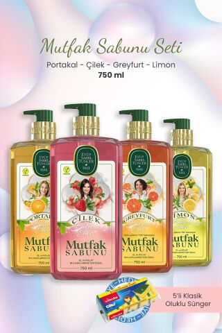 Eyüp Sabri Tuncer Mutfak Sabunu Çilekli,Portakallı,Limonlu,Greyfurtlu 750 ml ve Oluklu Sünger