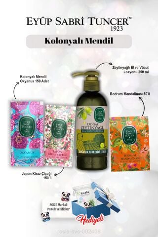 Okyanus ve Kiraz Çiçeği 150'li, Mandalina 50'li Mendil Seti Zeytinyağlı Losyon 280 ml ve Rosie